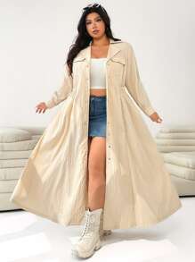 SHEIN EZwear Plus Size Women's Turndown Collar Front Button Decor Long Sleeve Fitted Jacket Long Shirts For Women Long Blouses Beige Dress Long Coat Dress And Coat Winter Fall Autumn