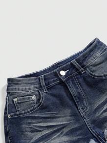 ROMWE Avant Quần short denim cạp thấp in hình cờ Mỹ gợi cảm ngày độc lập cổ điển Y2K dành cho nữ - Màu xanh lam - Xem 4