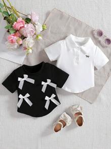 2 piezas Blusa para niñas bebé de unicolor con cuello vuelto y lazo 3D. Con diseño de unicolor que muestra un estilo dulce y lindo. El diseño de cuello vuelto ofrece un aspecto clásico y elegante. Los adornos de lazo 3D en el cuello y el Body incorporan hábilmente elementos dulces y de moda, resaltando las características activas y adorables de las niñas bebé. La silueta ajustada y las líneas suaves favorecen la figura del bebé, emanando confianza y alegría. Adecuado para diversas ocasiones.