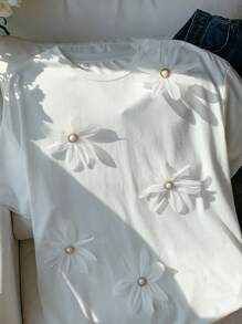 Comfortcana Summer  Dropped Shoulder Floral Decor Loose Casual T-Shirt - White - View 6