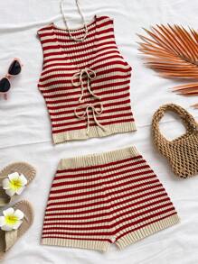 Soleia Conjunto de top de punto con cordón y pantalones cortos a rayas para mujer en otoño/invierno - Multicolor - Ver 4