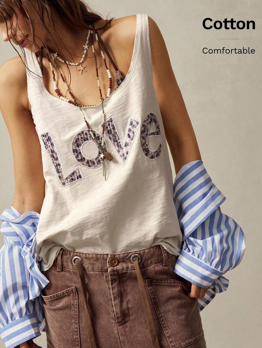 Bohemela Camiseta de tirantes casual de cuello redondo con estampado de leopardo y letras, para mujer de talla grande, verano