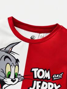 TOM & JERRY X SHEIN Bộ 2 áo thun tay ngắn họa tiết hoạt hình Colorblock cho bé trai và quần short, phù hợp cho mùa xuân/hè - Đỏ - Xem 3