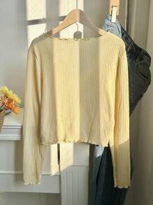 Comfortcana Camiseta de manga larga con un solo pecho acanalada de unicolor para mujer de talla grande - Amarillo - Ver 2