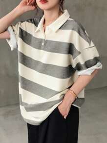 FRIFUL Áo thun nữ tay ngắn cổ polo dáng rộng kẻ sọc đen trắng, thích hợp mặc mùa hè. - Xám - Xem 6