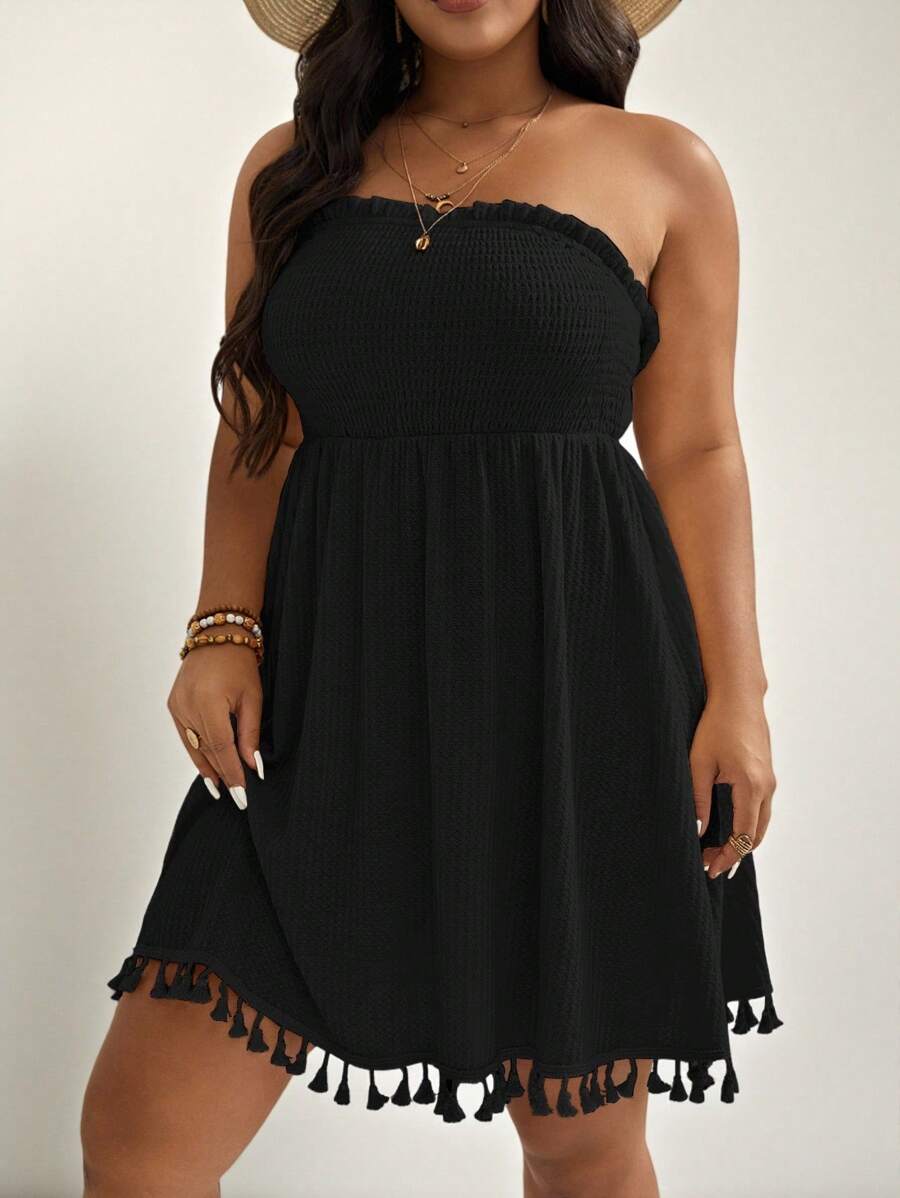 SHEIN VCAY Plus Tassel Trim Waffle Knit Tube Dress,Beach Dress Sundress,Holiday Outfits Boho - Black - View 1