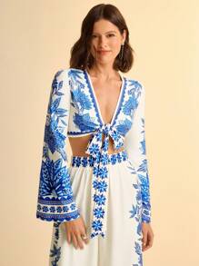 CAJUNI 女式 V 领长袖系带蓝色花卉印花海滩度假风短款衬衫 - 彩色 - 查看 1