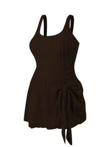 Swim Lushoire 大码女式米色特殊面料细肩带连体裙式泳衣，优雅简约夏季沙滩装 - 棕色 - 查看 8