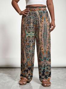 SHEIN VCAY Plus Allover Print Paperbag Waist Summer Pants - Multicolor - View 5