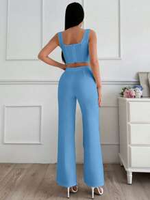 SHEIN Cottnline طقم قطعتين أنيق من البلوزة المضلعة والبنطلون الواسع الساقين للنساء - أزرق فاتح اللون - مشاهدة 2