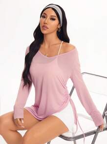 Sovereign Charm 纯色不对称肩长袖侧腰褶饰透气运动T恤上衣