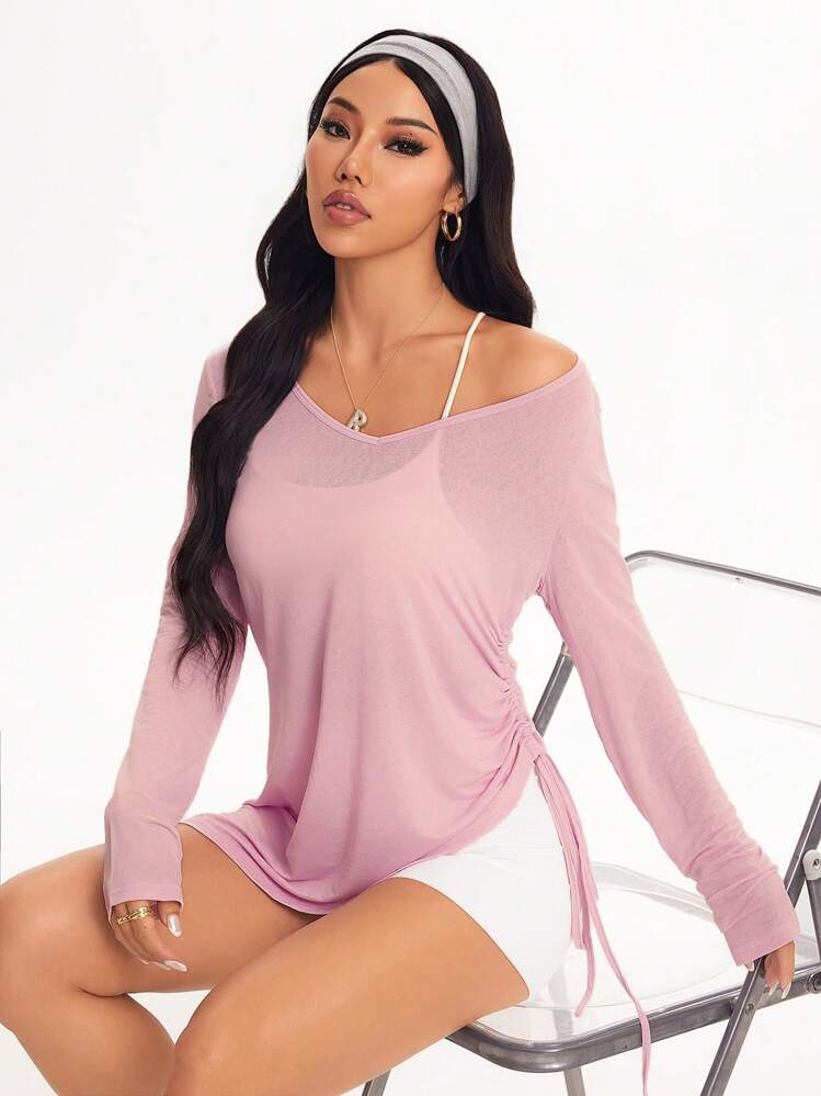 Eassivo Eassivo Solid Color Asymmetrical Shoulder Long-Sleeved Side Waist Ruched Breathable Sports T-Shirt Top - Pink - View 5