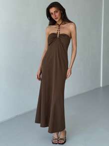 Aloruh 新款波西米亚风格露背系带 V 领树脂和宝石串珠装饰无袖紧身鱼尾连衣裙，适合度假、约会、茶歇 - 咖啡棕 - 查看 4