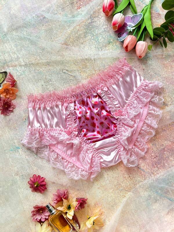 FloralLove Sutien cu volane din dantelă, în culori contrastante, cu imprimeu de inimă dulce, pentru fete preadolescente, roz