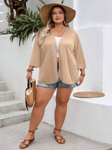 SHEIN CURVE+ 大码女式夏季不对称下摆休闲开衫，黑色，加大曲线，波西米亚度假风大码夏季女式开衫披肩大码休闲上衣女式大码服装 8xl 秋冬女装