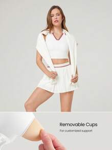 GLOWMODE 2 chiếc FeatherFit™-Air thấm mồ hôi nhanh khô màu tương phản, áo ba lỗ cổ trụ có thể tháo rời cúp ngực và chân váy xếp ly có quần short tích hợp, trang phục thường ngày - trắng - Xem 3