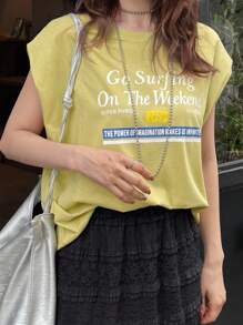 FRIFUL Women's Sleeveless Round Neck Letter Print T-Shirt, Yellow, Loose Casual Versatile Vacation & Music Festival Outfit