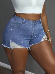 Slaydiva Plusstorlek damshorts med slitna fickor och strass, revor i nederkant, casual - Mediumtvätt - Visa 2