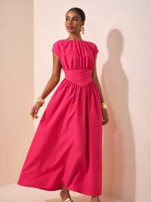 Zivah 2025 Spring/Summer New Plus Size Women Elegant Commute/Beach Vacation/Date/Party/Music Festival Co-Ord Solid Rose Red Round Neck Sleeveless Waist Splicing Pointed A-Line Ruched Maxi Dress - B Pink Long Dress Hot Pink Dress Solid Color Dress - Hot Pink - View 1