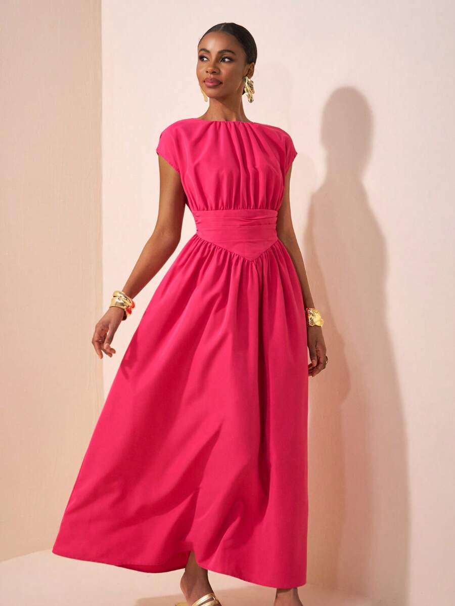 Zivah 2025 Spring/Summer New Plus Size Women Elegant Commute/Beach Vacation/Date/Party/Music Festival Co-Ord Solid Rose Red Round Neck Sleeveless Waist Splicing Pointed A-Line Ruched Maxi Dress - B Pink Long Dress Hot Pink Dress Solid Color Dress - Hot Pink - View 1