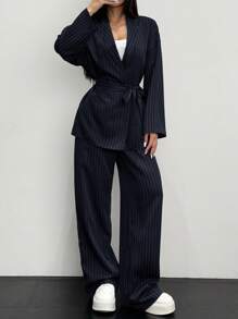 Firerie Plus Size Women's Striped Wrap-Around Elegant Casual Kimono Suit Set, Gray System, Office Stylish Commuter 2 Pieces Suit Set For Women, Multiple Piece Graduation,Back To School,Teacher Outfits For Women,Fall Clothes For Women Autumn - Navy Blue - View 3