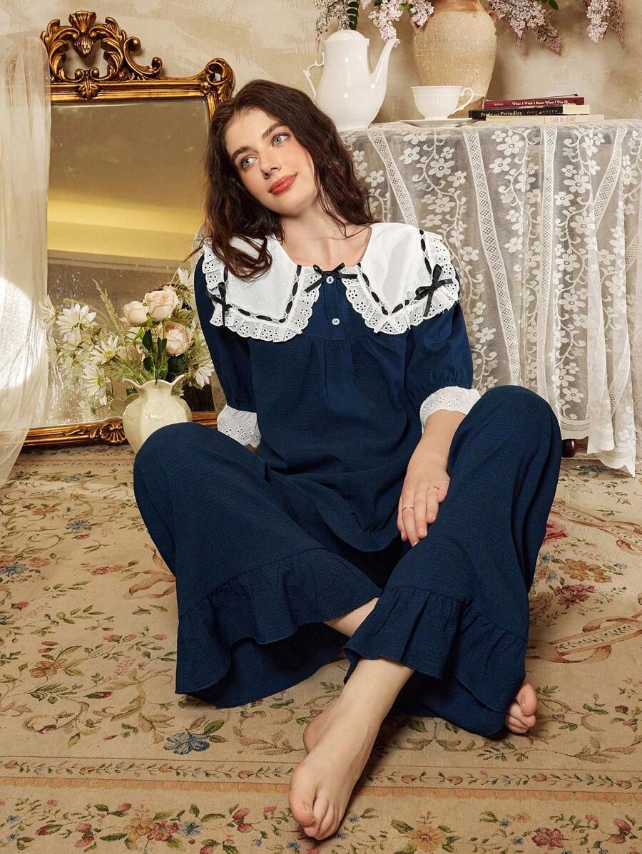 Côtesoire Conjunto de pijama de mujer estilo palacio con volantes tipo burbujas, parte superior y pantalones - azul real - Ver 1