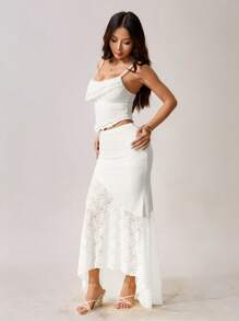 SHEIN PETITE Bộ đồ hai mảnh ren xuyên thấu viền bất đối xứng và váy đuôi cá nhún bèo dài bất đối xứng cạp trễ dành cho mùa cưới xuân hè dành cho nữ - trắng - Xem 7