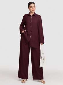 Veilorie 2pcs Women's Solid Color Front Button Up Long Sleeve Casual Top And Long Pants Set Modest - Burgundy - View 3