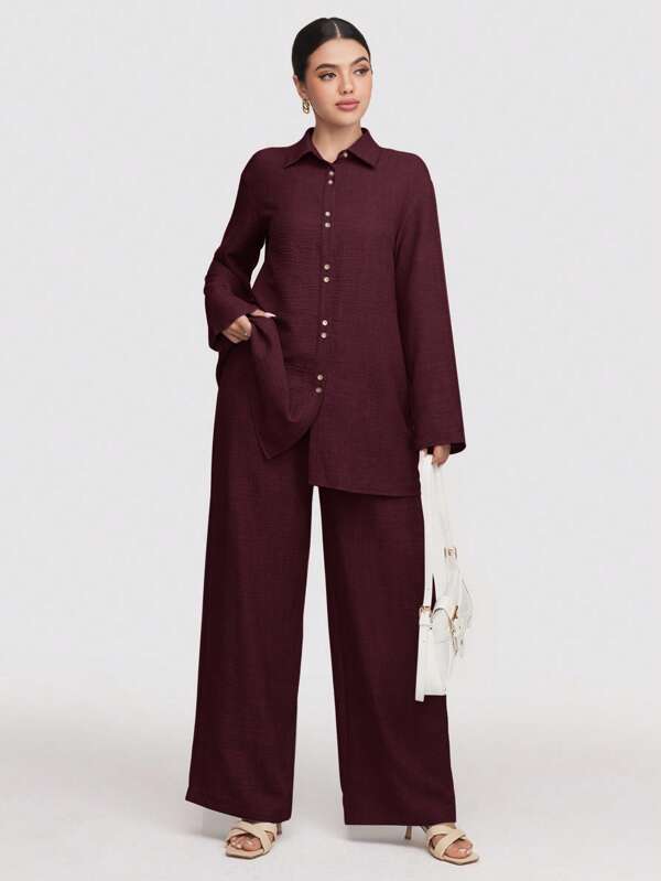 Veilorie 2 Stücke Damen Unifarben Langarm Lässig Top mit Knöpfen Vorne und lange Hose Set, dezent