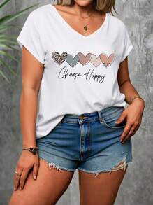 SHEIN LUNE Plus Size Women's Summer Colorful Heart Print V-Neck T-Shirt With Batwing Sleeves, Casual & Comfortable - Multicolor - View 1