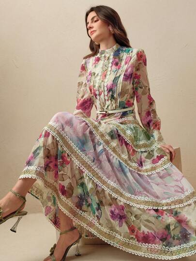 Anewsta Franse retro lange mouwen bloemenprint contrast kant taille getailleerde lange jurk voor vrouwen