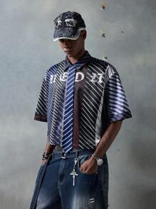 NEON BLANC Men's Street Style Woven Striped Tie And Letter Print Short Sleeve Shirt, Suitable For Summer