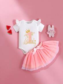 SHEIN Playful Pals 2pcs/Set Baby Girls Elegant Cute 1st Birthday Outfit,White And Gold Summer My First Birthday Print Bodysuit & Tulle Tutu Skirt For Newborn Party - Pink - View 2