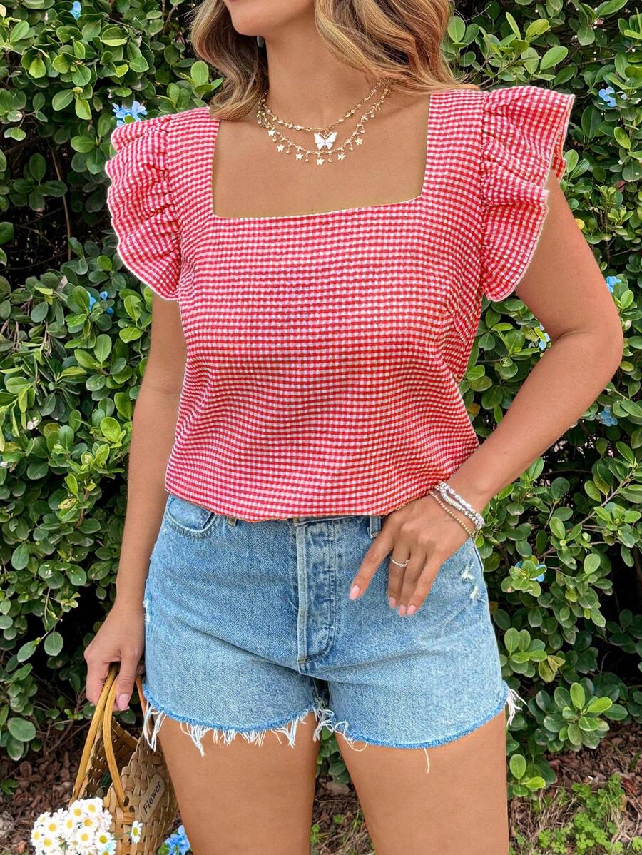 SHEIN VCAY Blusa de mujer talla grande con cuello cuadrado a cuadros y mangas cortas, blusa de moda para verano y salidas - Rojo y blanco - Ver 1