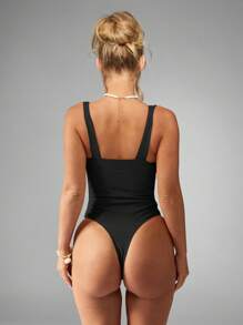 MISSGUIDED Högskuren, rynkad, bustier-baddräkt, baddräkt, sommar, strand, pool, monokini, stödjande, smickrande badkläder - Svart - Visa 2