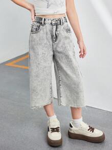 Fashionable Minimalist Heavily Distressed Washed Tween Girls Casual Denim Jeans - Grey - View 1