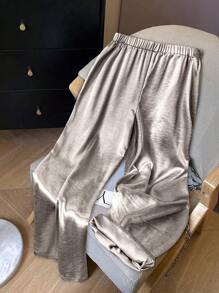 SHEIN Clasi Plus Size Women Silver Color Casual Straight Leg Loose Pants For Commuting & Party Fall Cloth For Women - Silver - View 2