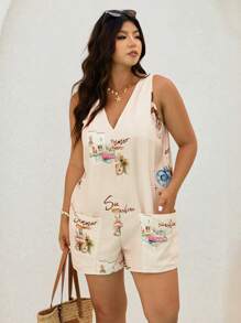 Elaquor 大码休闲度假艺术印花V领口袋连体短裤 - 米色 - 查看 1