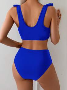 SHEIN Swim Bộ đồ bơi 2 mảnh màu trơn xếp nếp phía trước và quần tam giác nhún eo thời trang đi biển mùa hè cho nữ - Xanh đậm - Xem 2