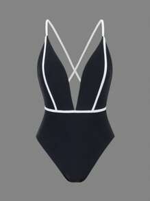 Swim Chiccia Chicsea Women Elegant Color-Block Front Compression Bar Criss-Cross Back One Piece Swimsuit For Summer Beach Vacation - Black and White - View 7