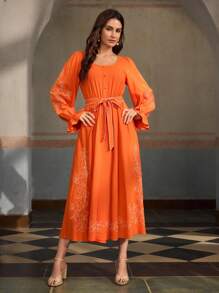 ZEYLAH U-Neck Embroidery Floral Resort Style Dress, Spring/Summer, Long Sleeve