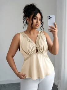 Elenzga 1 pieza Parte superior sin mangas elegante y versátil de talla grande, tank top con escote en V profundo y adorno de encaje sexy