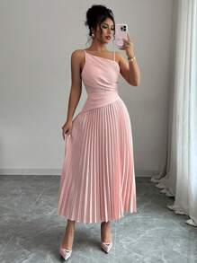 Elenzga Vestido de tirantes elegante, casual/de trabajo/de vacaciones, con plisado en la cintura, de color liso