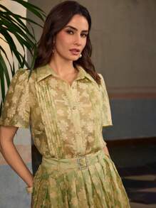 ZEYLAH Women's Elegant Cut-Out Single Breasted Short Sleeve Blouse, Spring/Summer - Green - View 2