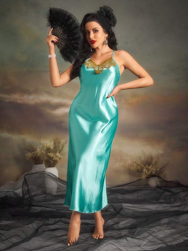 PinupGlam Elegant French Charm Lace Camisole Nightgown For Women ,Vacation