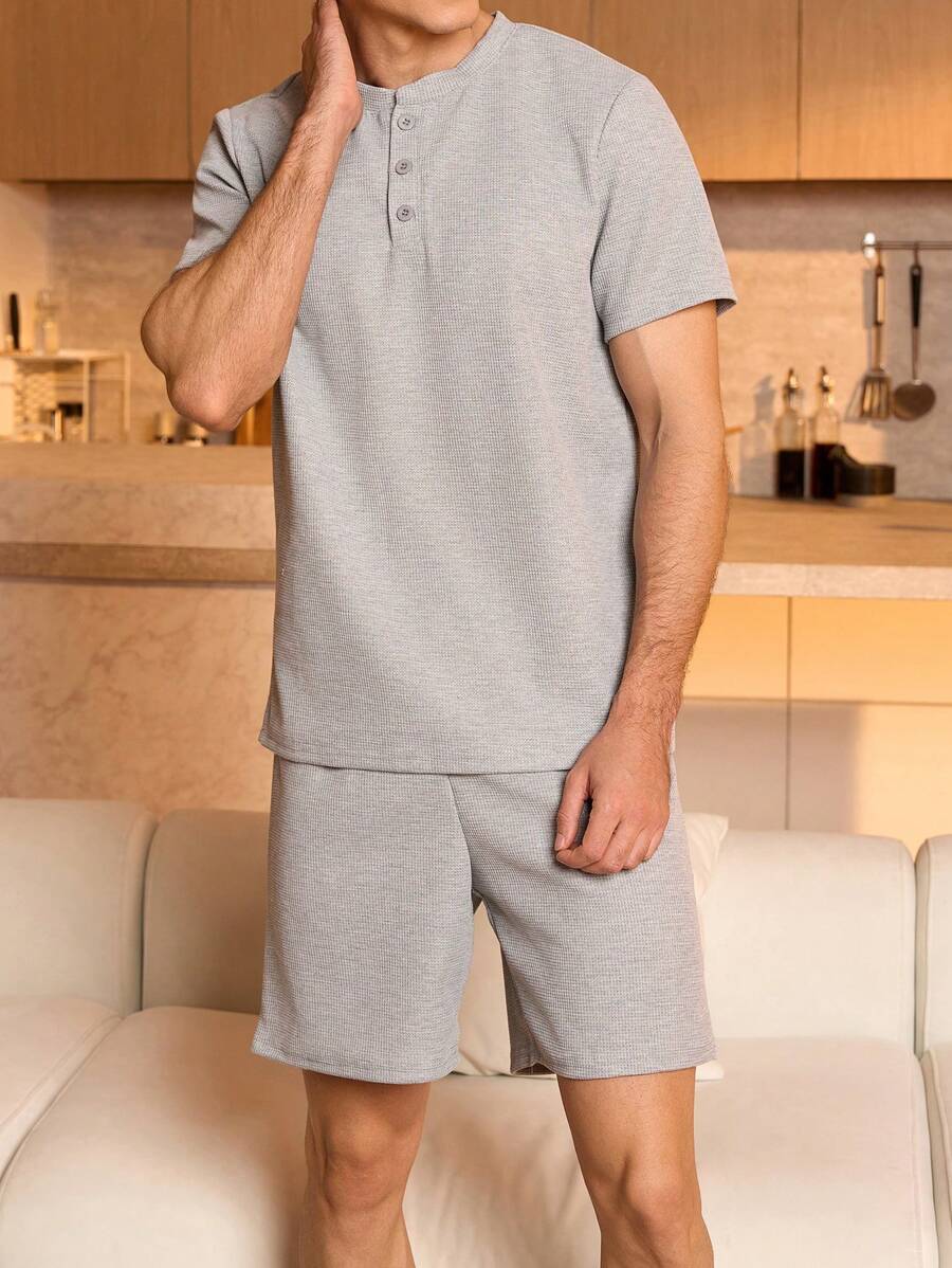 Casual Spring Men's Henley Neck Homewear Set