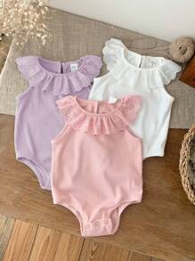 SHEIN LMoss Kids 3pcs/Set Newborn Baby Girl Summer Cute Knitted Ruffle Bodysuit - Multicolor - View 5