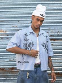 AXEPEAK 街头风格嘻哈休闲条纹牛仔骑行印花短袖短款男士衬衫 - 藍白色 - 查看 1