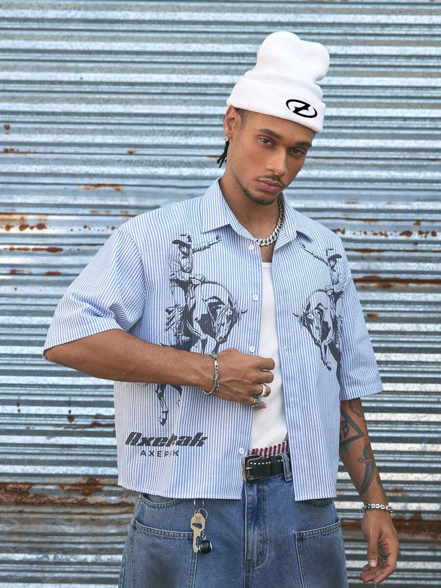 AXEPEAK 街头风格嘻哈休闲条纹牛仔骑行印花短袖短款男士衬衫 - 藍白色 - 查看 1