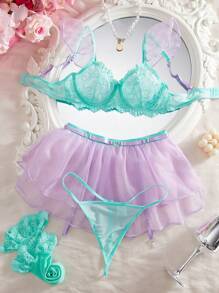 SHEIN Set de 5 piezas de ropa interior sexy para mujer, falda acampanada de malla y encaje en contraste, manga corta, con aros
